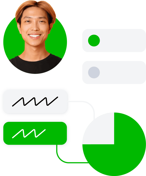 Young man with graphics representing customer data