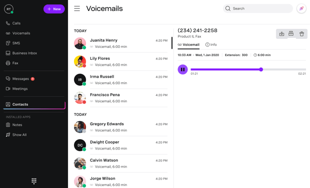 Voicemails Screen capture of Vonage Business app