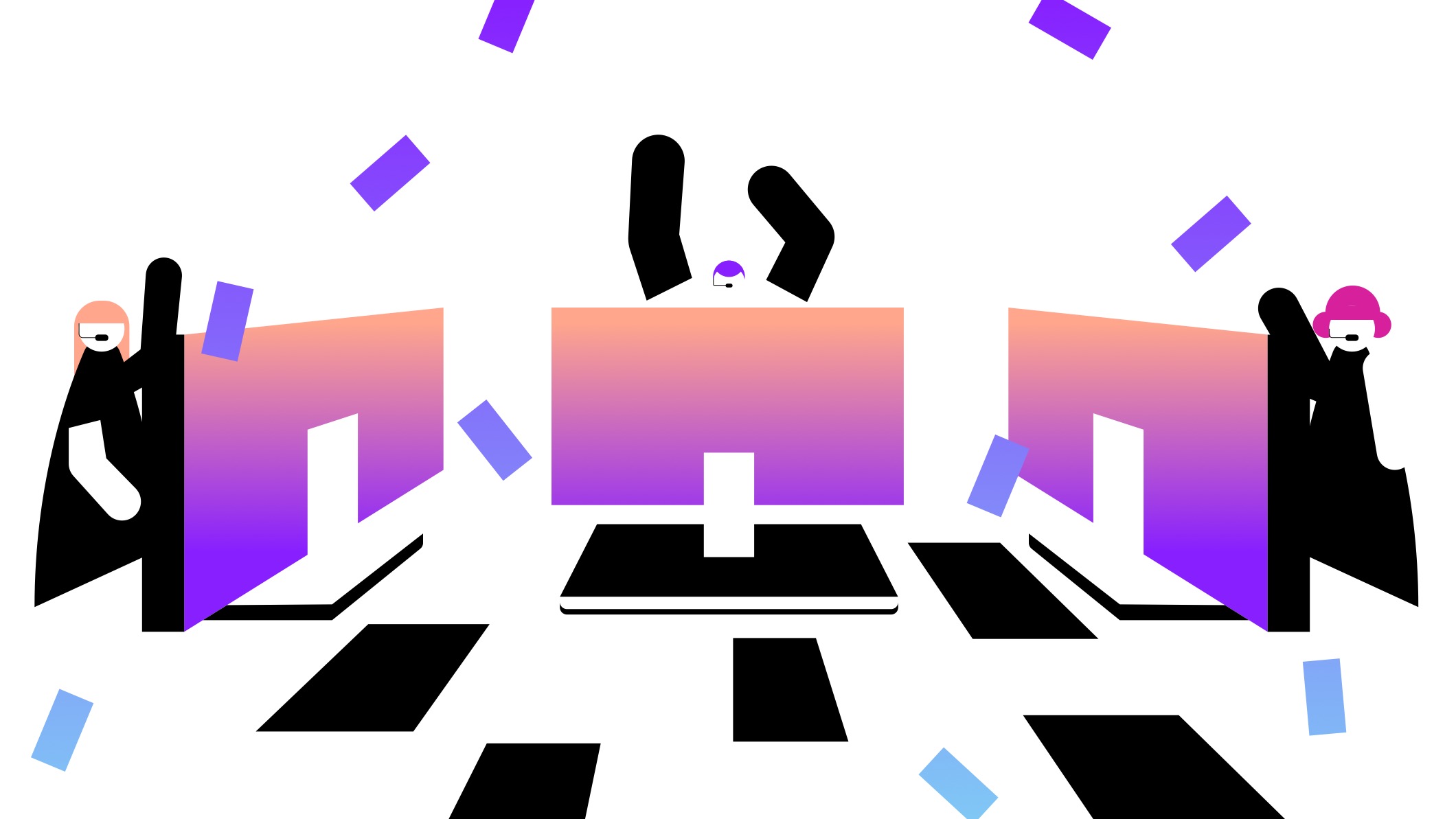 Illustration of 3 figures sitting at desktop computers with confetti raining down.
