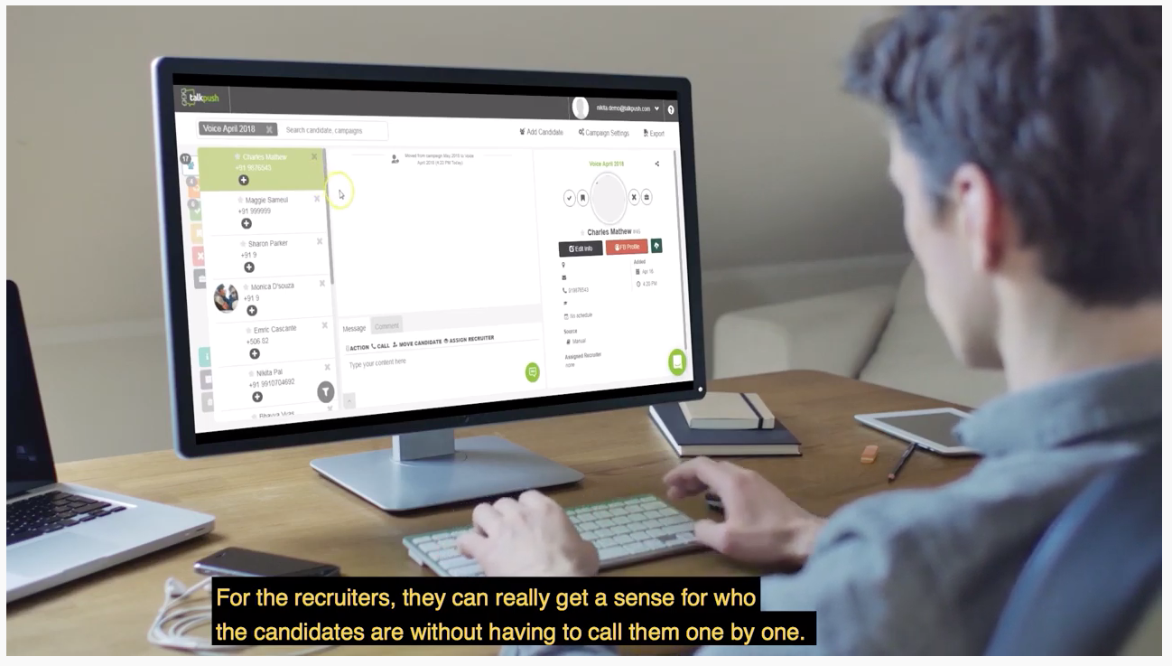 Vídeo de caso práctico de Talkpush Recruiter using Talkpush software looking at computer screen